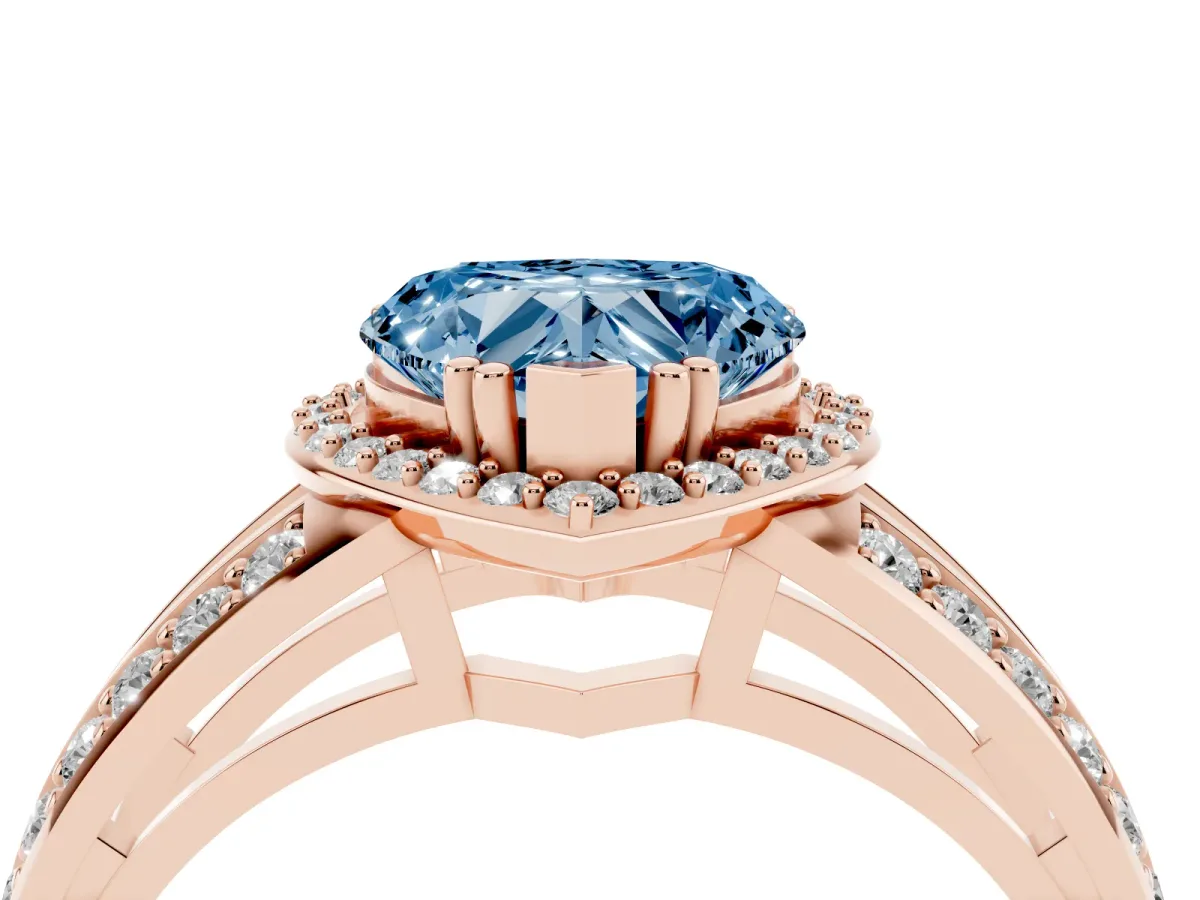 Fancy Blue Heart Cut Diamond Halo Ring with Split Shank Pavé Band and Four-Prong Setting Rose gold