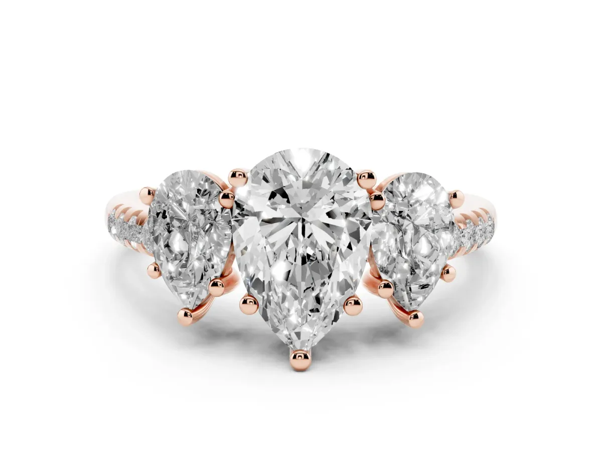 Three-Stone Pear Cut Diamond Ring with Round Pavé Band and Prong Setting Rose gold
