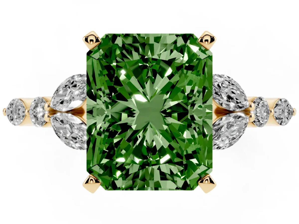 Fancy Green Radiant Cut Diamond Solitaire Ring with Side Stones and Four-Prong Setting Yellow gold