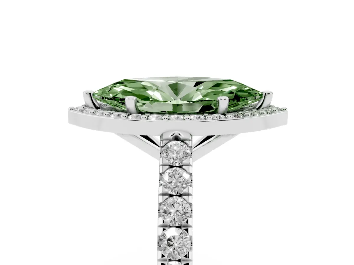 Fancy Green Marquise Cut Cut Halo Diamond Engagement Ring with Pave Band and Four-Prong Setting White gold