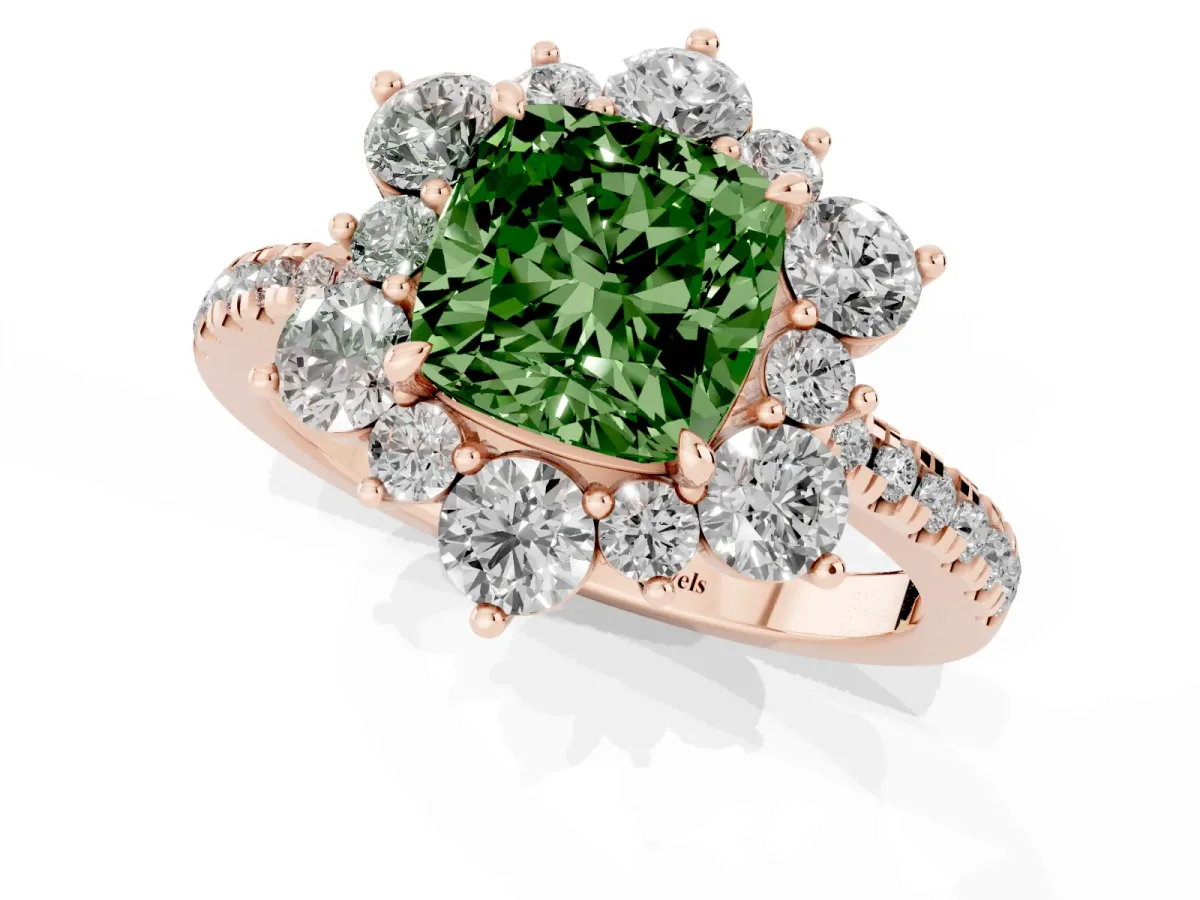Fancy Green Cushion Cut Diamond Floral Halo Ring with Round Pavé Band and Prong Setting Rose gold