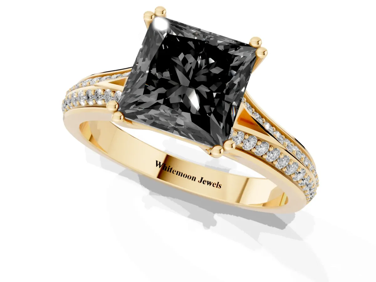 Fancy Black Princess Cut Diamond Split Shank Engagement Ring with Pavé Band Yellow gold