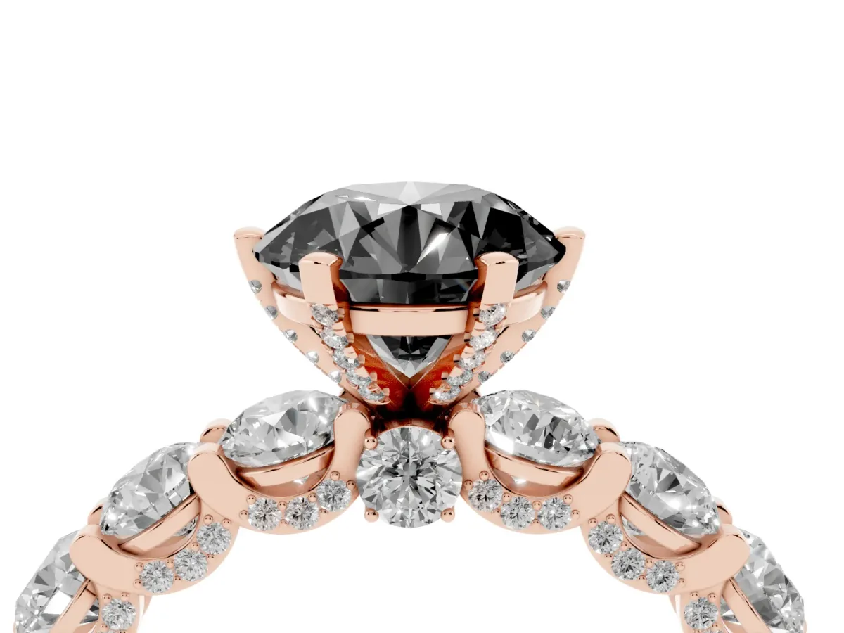 Fancy Black Round Cut Diamond Side Stone Engagement Ring with Four-Prong Setting Rose gold