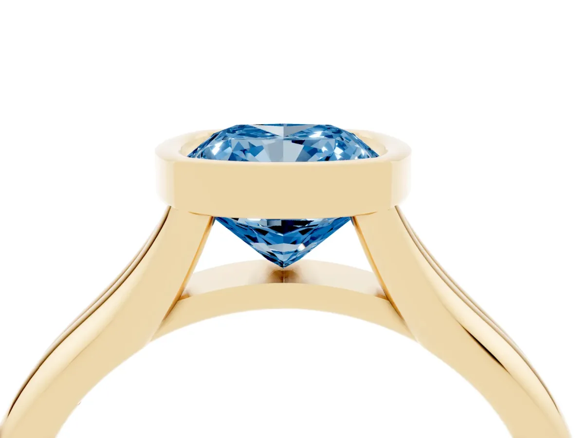 Fancy Blue Bezel Set Cushion Cut Solitaire Diamond Ring with Smooth Band Yellow gold