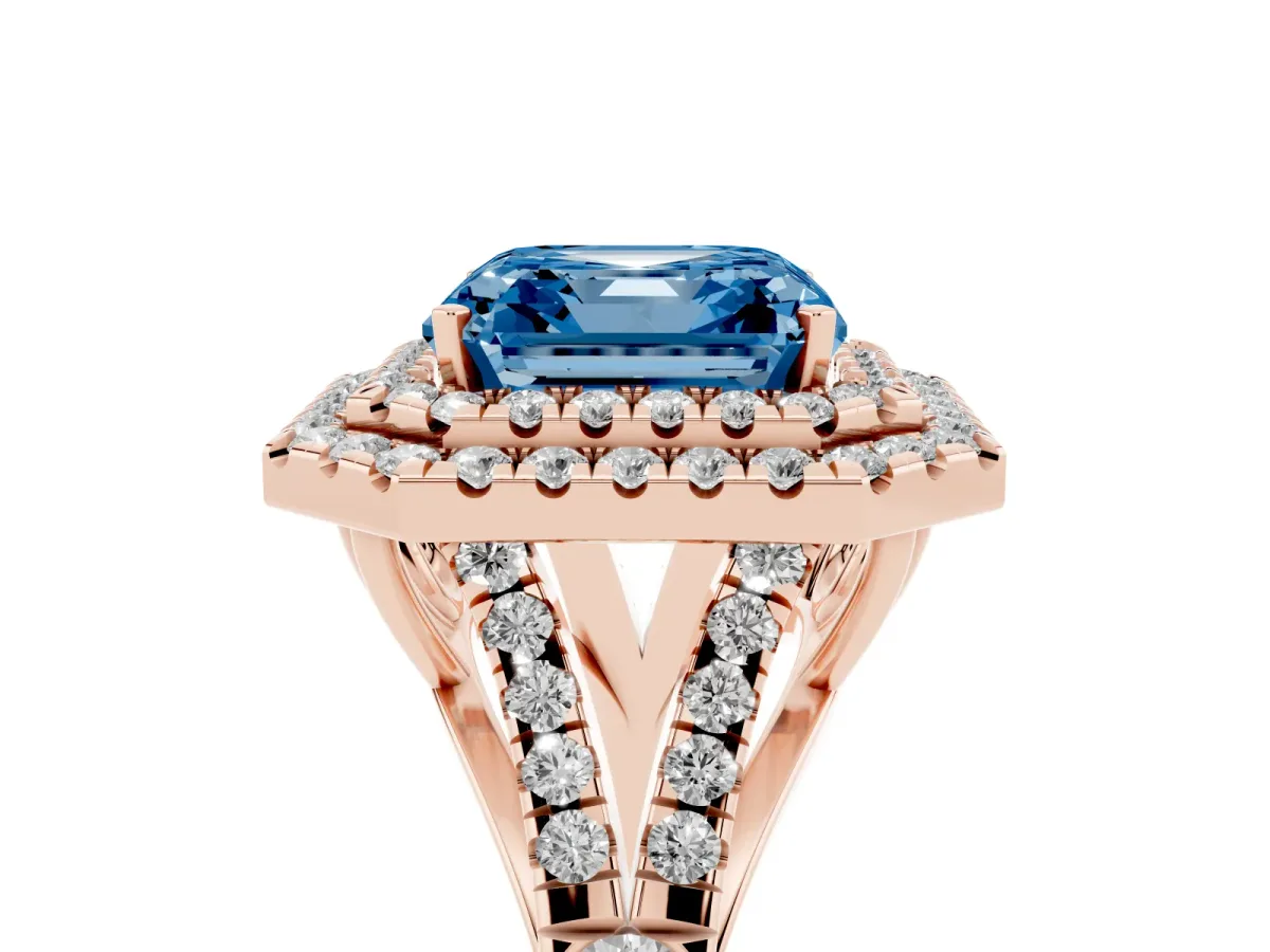 Fancy Blue Asscher Cut Diamond Pavé Split Shank Double Halo Engagement Ring Rose gold