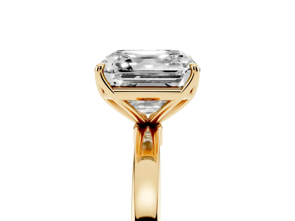 Asscher Cut Diamond Solitaire Ring with Thin Band and Prong Setting Yellow gold