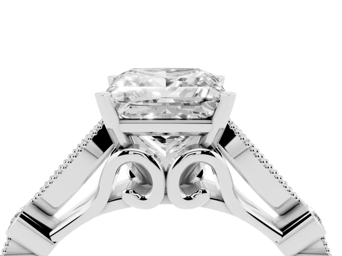 Princess Cut Cut Diamond with Milgrain Marquise and Bezel Accents on a Solitaire Band with Prong Setting Platinum
