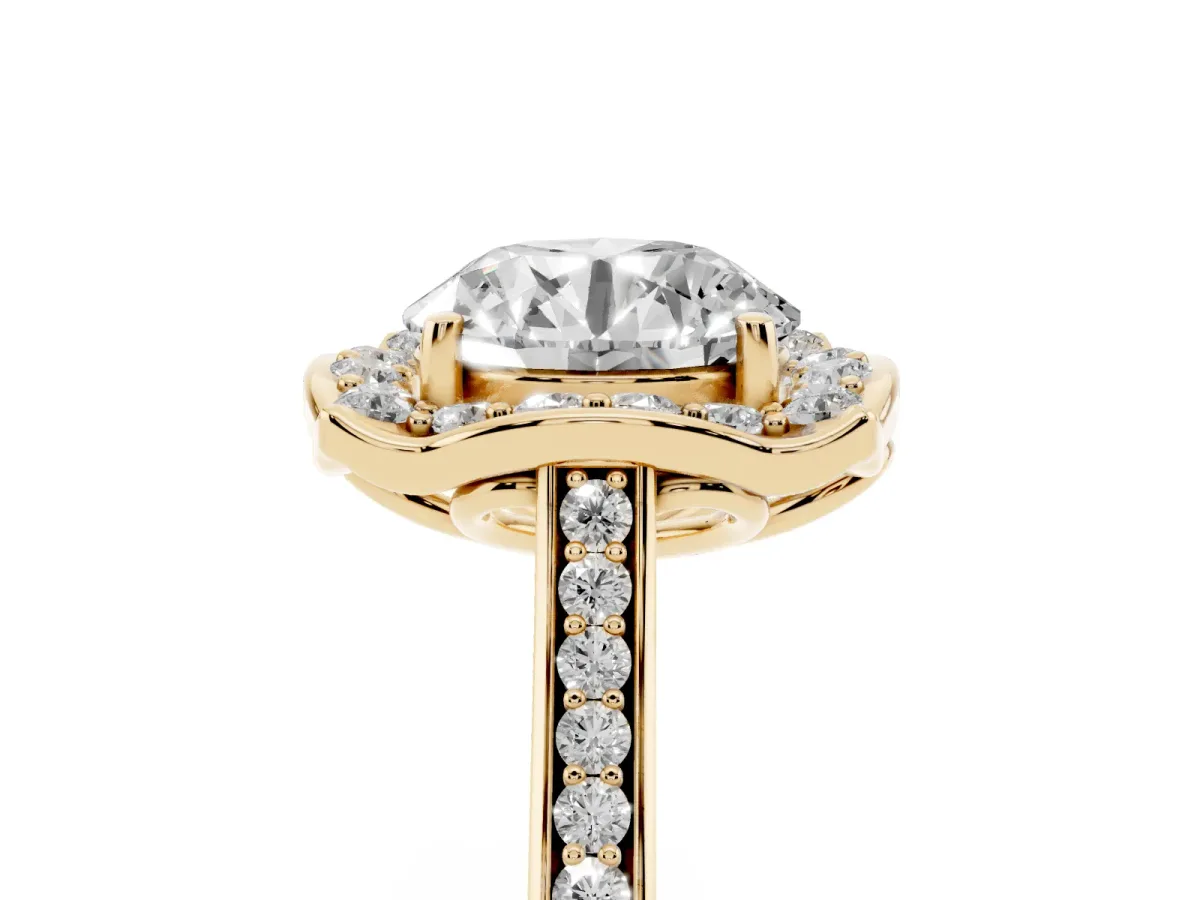 Round Cut Halo Round Diamond Pave Band with Four-Prong Setting Yellow gold