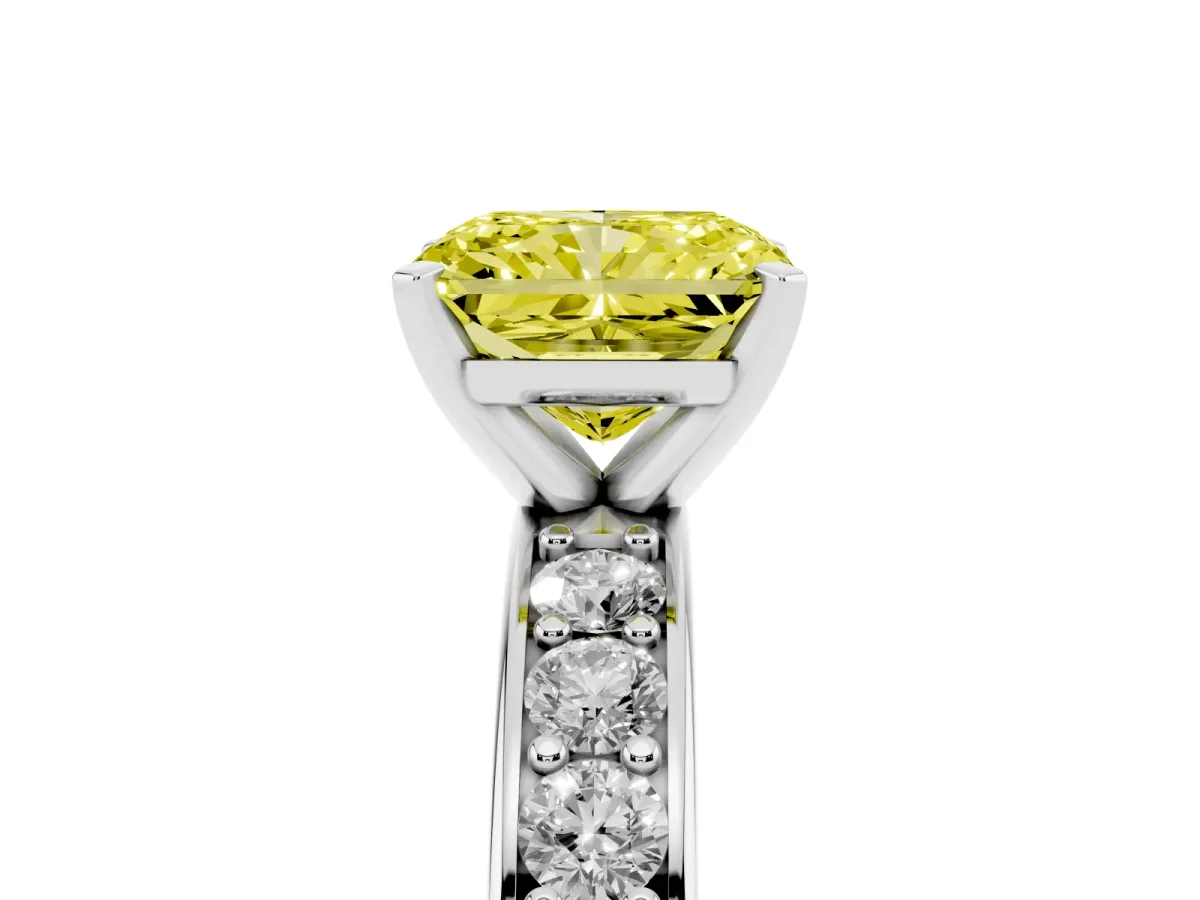 Fancy Yellow Radiant Cut Diamond Engagement Ring with Channel Set Round Band and Prong Setting White gold