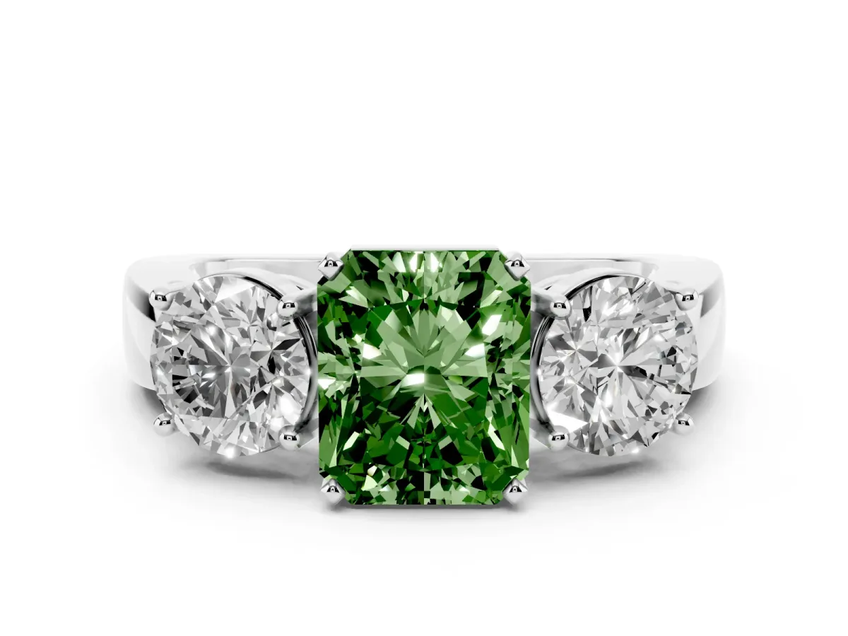 Fancy Green Three-Stone Radiant Cut Diamond Ring with Round Side Stones, Classic Band, and Four-Prong Setting White gold
