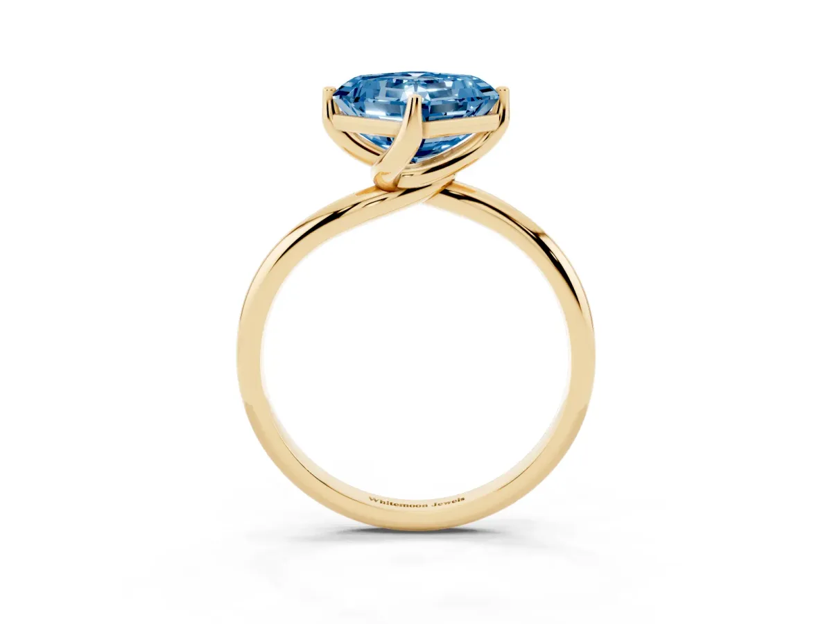 Fancy Blue Asscher Cut Diamond Solitaire Engagement Ring with Four-Prong Setting and Classic Band Yellow gold