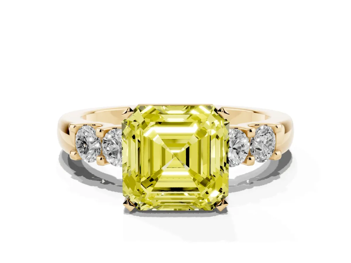 Fancy Yellow Asscher Cut Brilliant Cut Diamond Five-Stone Prong Set Engagement Ring with Channel Band Yellow gold