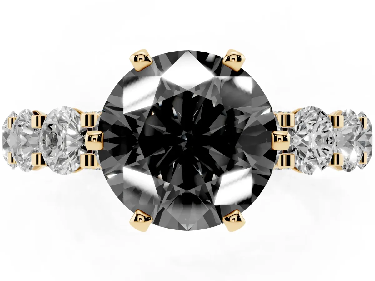 Fancy Black Round Cut Diamond Side Stone Engagement Ring with Four-Prong Setting Yellow gold