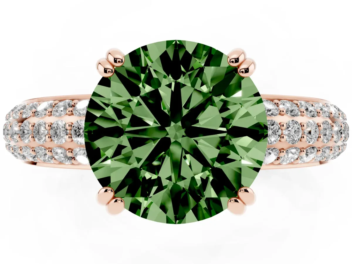 Fancy Green Round Cut Diamond Solitaire Ring with Multi-Row Round Pavé Band and Prong Setting Rose gold
