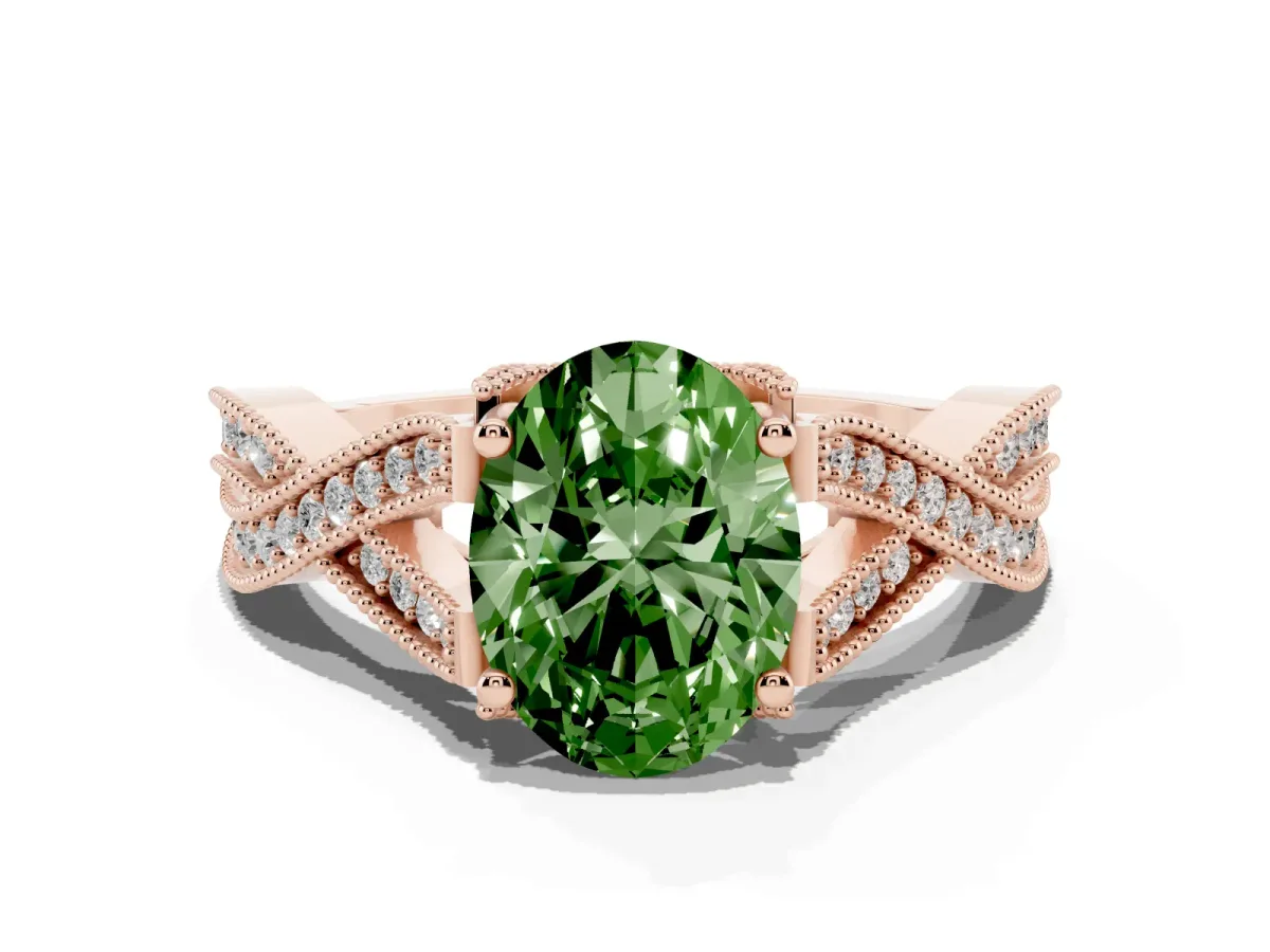 Fancy Green Oval Cut Cut Diamond Twisted Band with Milgrain Pave Setting and Four-Prong Setting Rose gold