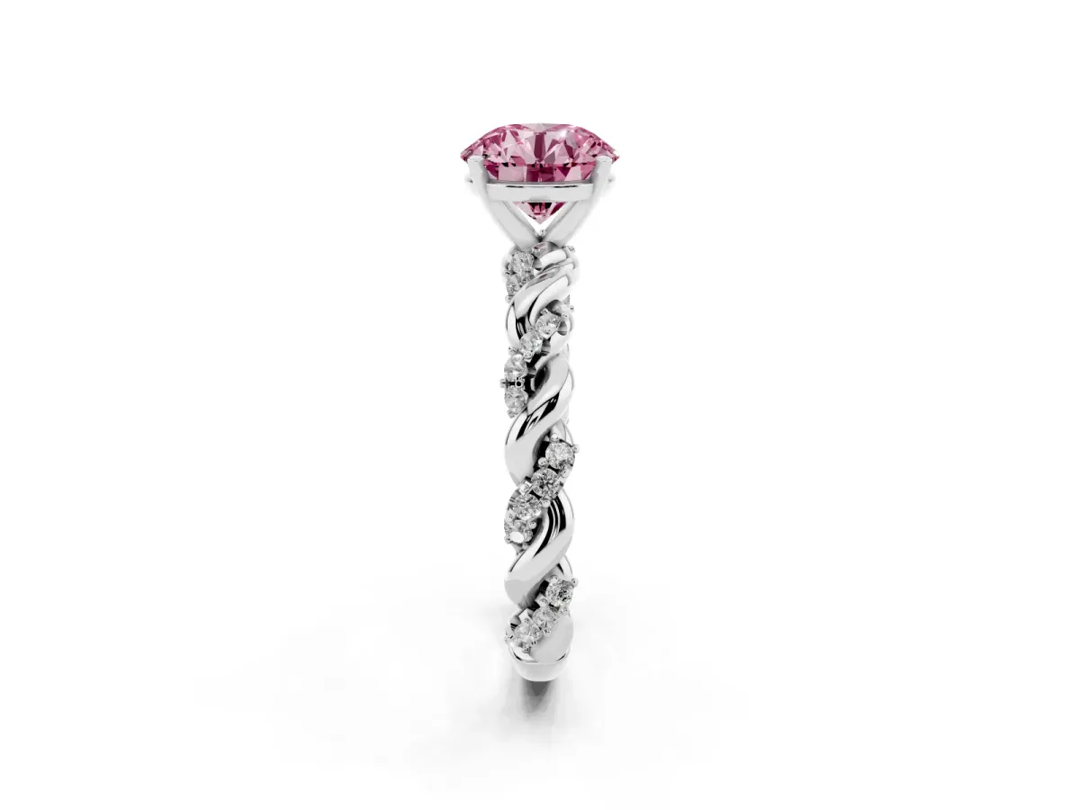Fancy Pink Round Cut Diamond Solitaire Ring with Twisted Band and Pavé Accents White gold