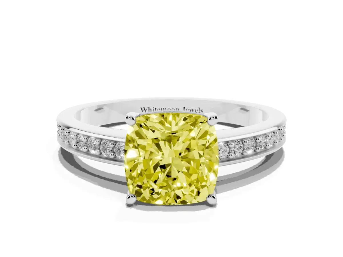 Fancy Yellow Cushion Cut Solitaire Pavé Band Prong Setting Ring Silver