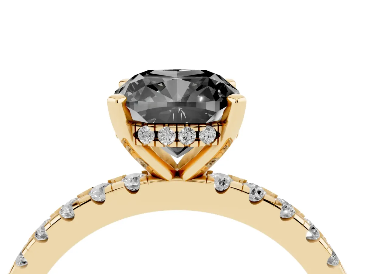 Fancy Black Cushion Cut Diamond Solitaire Ring with Round Pavé Band and Four-Prong Setting Yellow gold