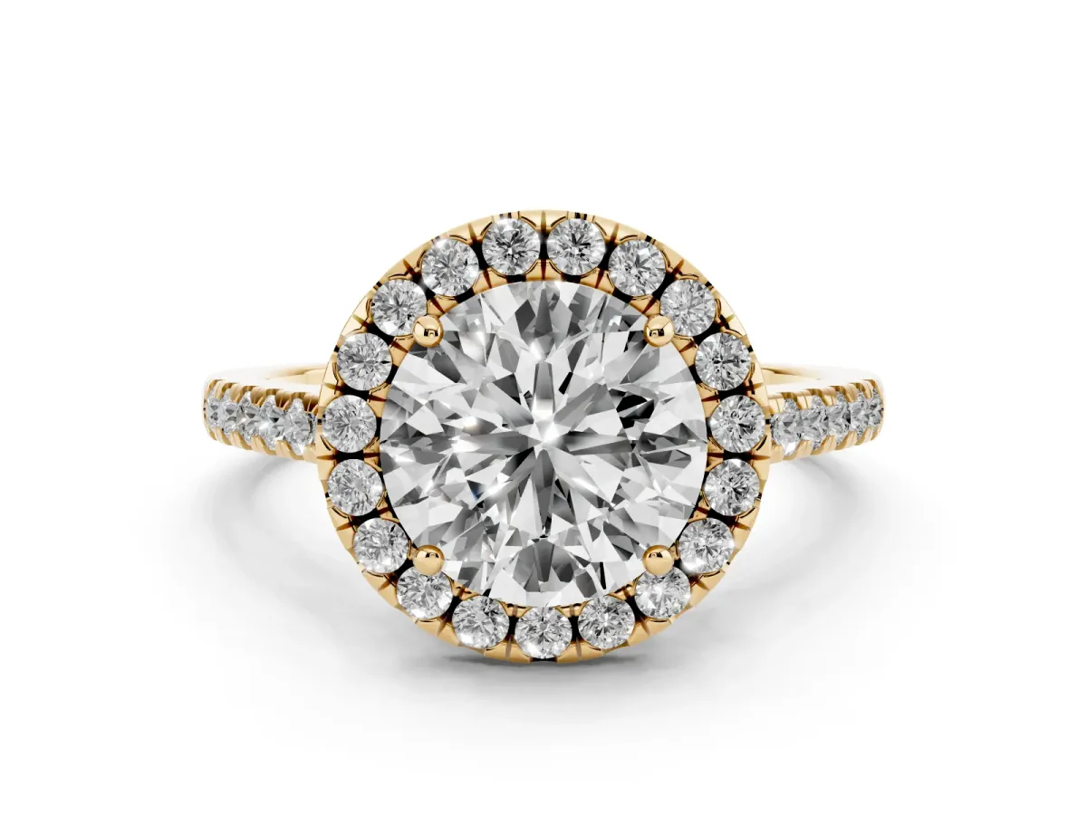 Round Cut Halo Pavé Diamond Engagement Ring with Four-Prong Setting Yellow gold