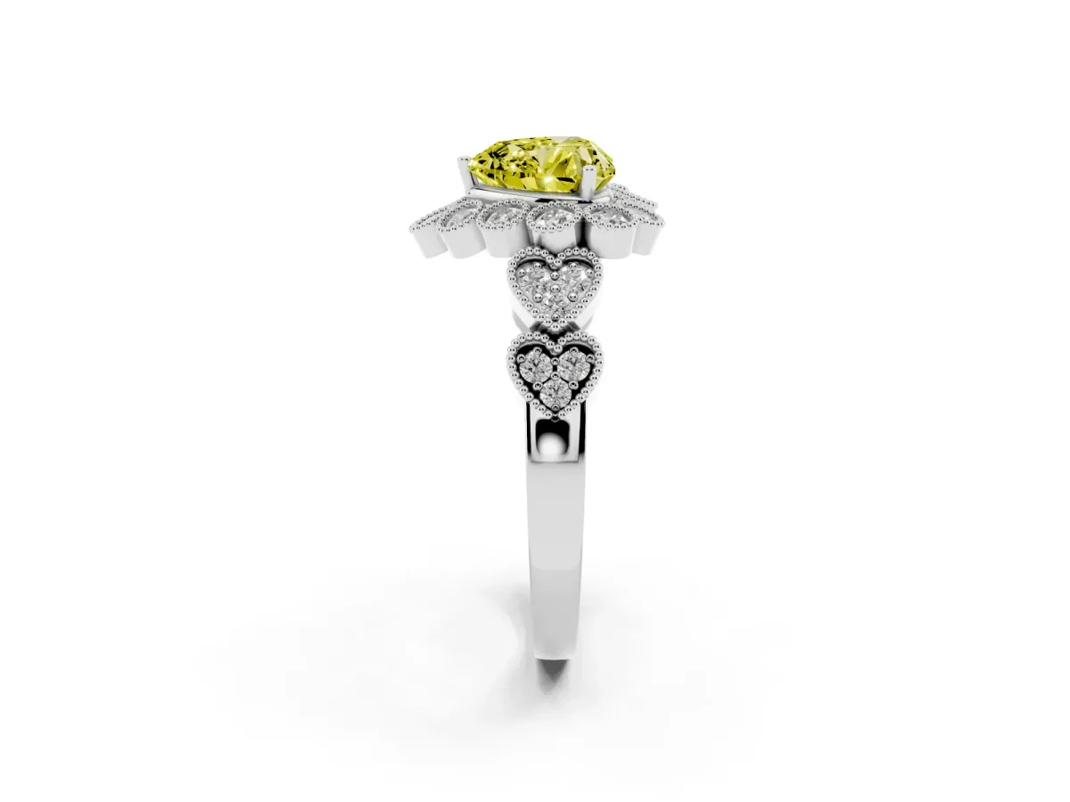 Fancy Yellow Heart Cut Brilliant Milgrain Pave Heart Band Solitaire Ring Platinum