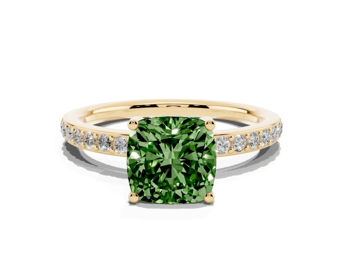 Fancy Green Cushion Cut Cut Diamond Pavé Band Ring with Four-Prong Setting Yellow gold