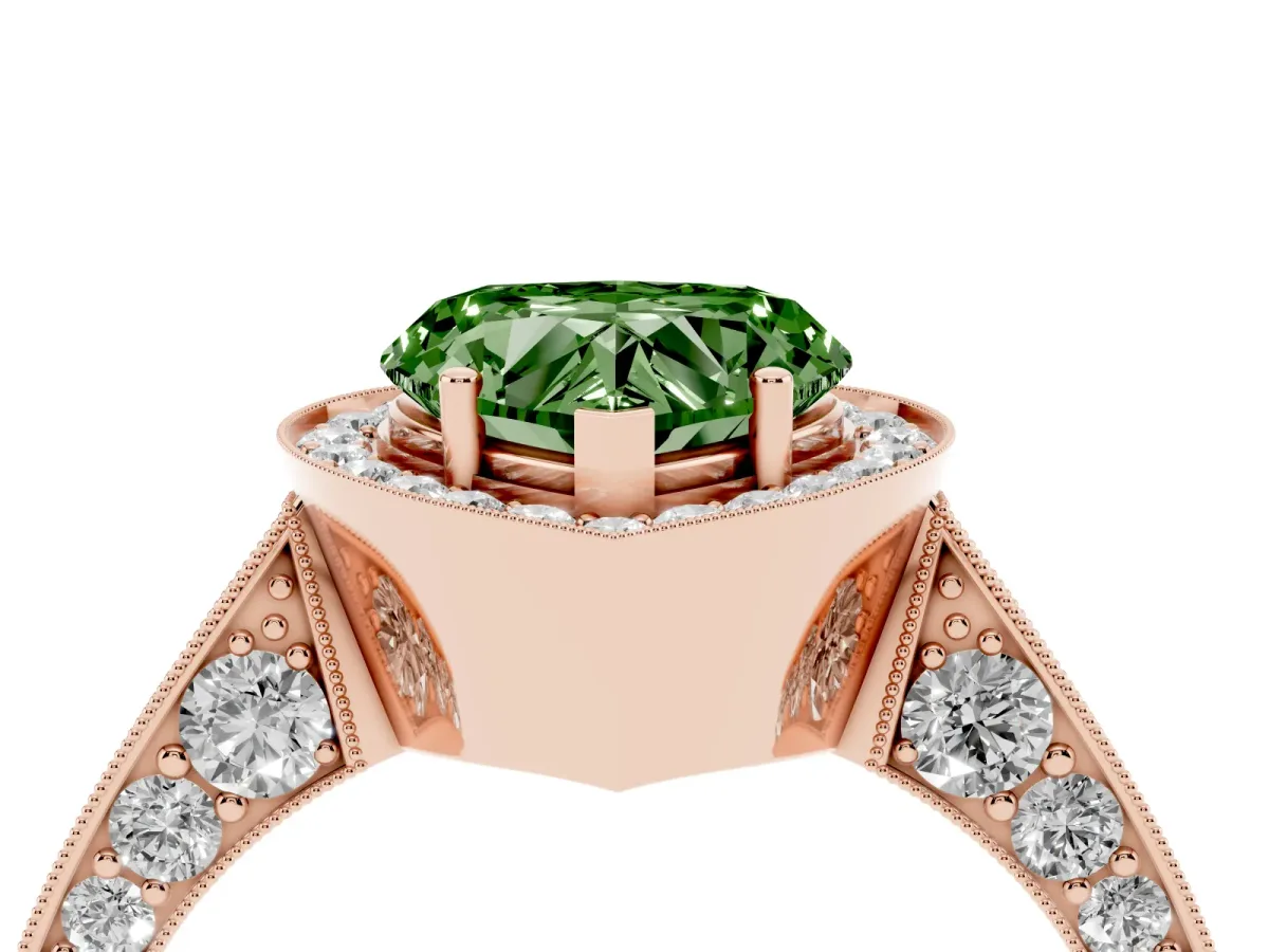 Fancy Green Heart Cut Halo Diamond Engagement Ring with Split Shank Band and Four-Prong Setting Rose gold