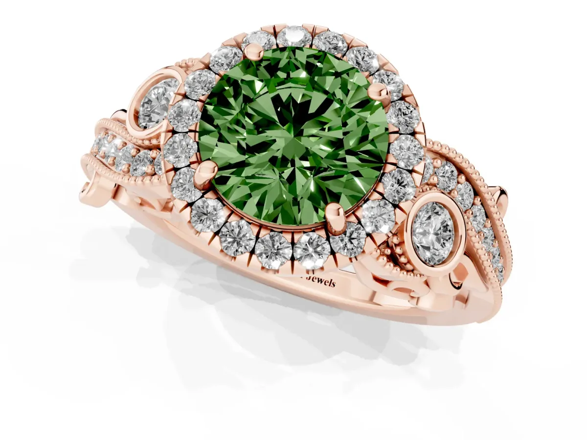 Fancy Green Round Cut Halo Diamond Ring with Milgrain and Bezel Accents on a Split Shank Band Rose gold