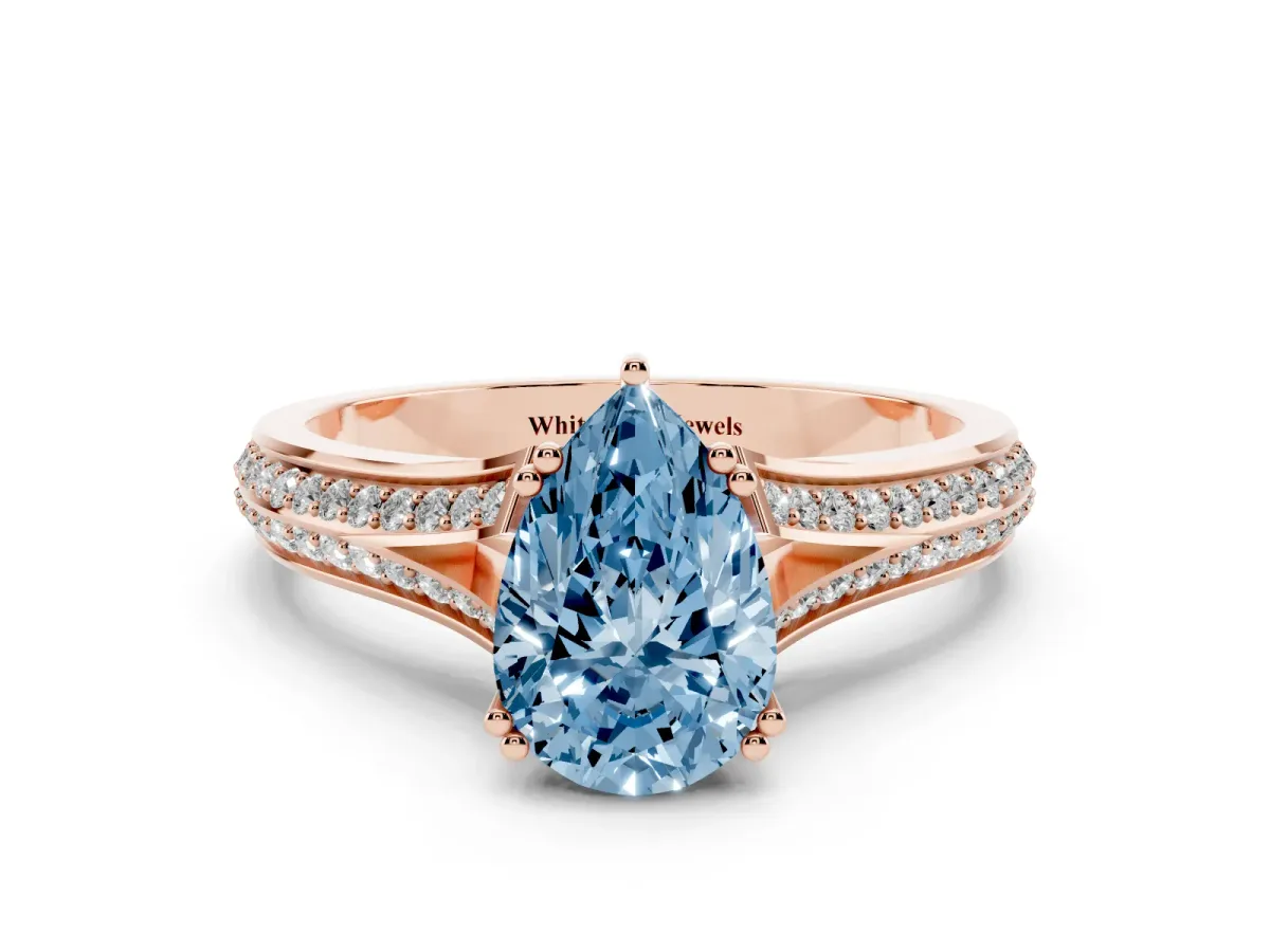 Fancy Blue Pear Cut Diamond Split Shank Engagement Ring with Pavé Band Rose gold