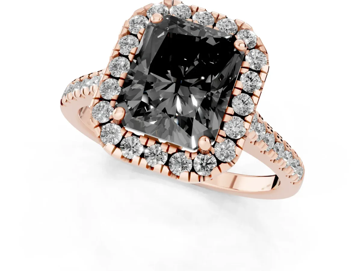 Fancy Black Radiant Cut Diamond Cushion Halo Ring with Pavé Band Rose gold