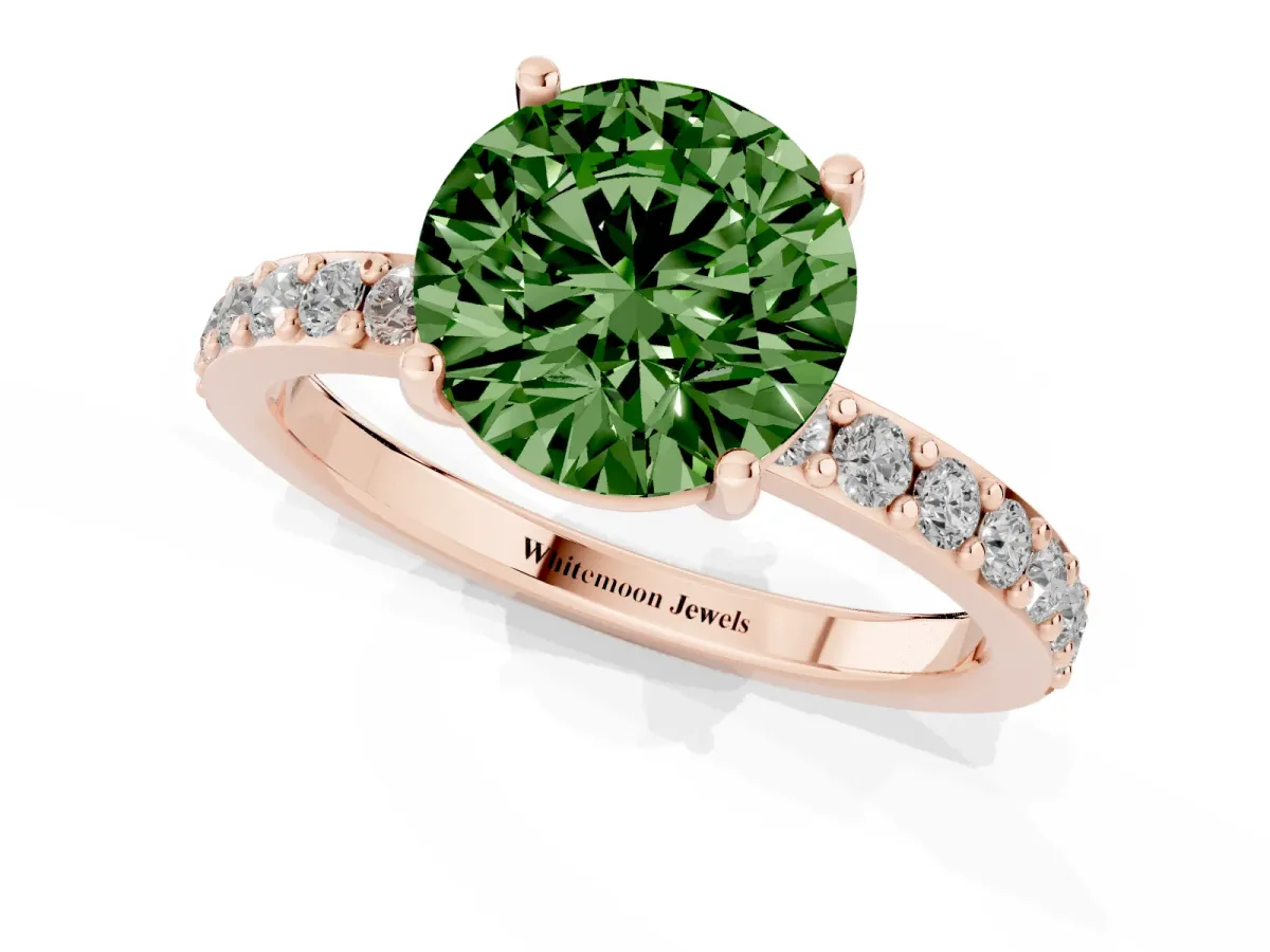 Fancy Green Round Cut Cut Diamond Solitaire with Pave Band and Four-Prong Setting Rose gold