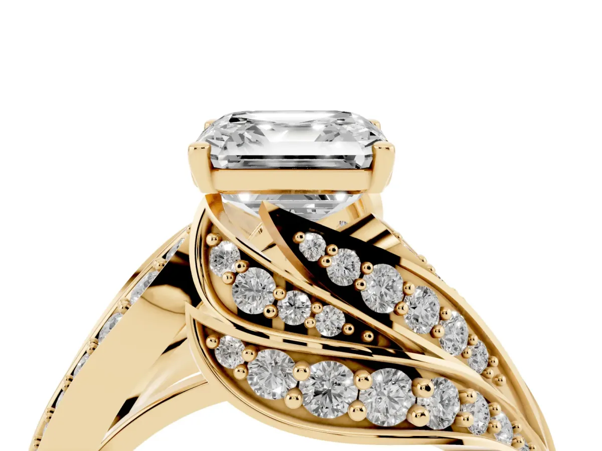 Asscher Cut Diamond Solitaire Ring with Prong Setting and Twisted Pavé Band Yellow gold