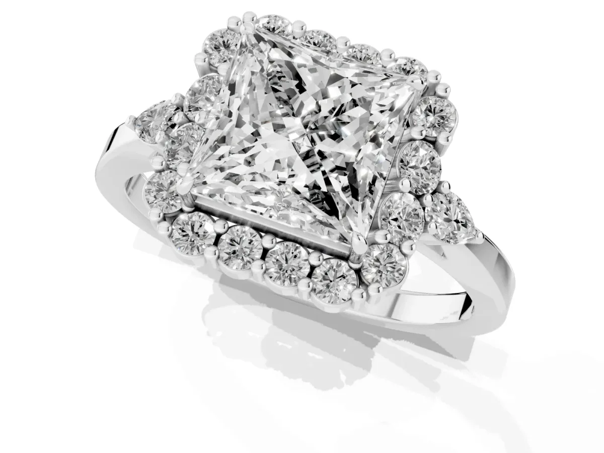 Princess Cut Diamond Halo Ring with Pear Side Stones and Prong Setting Silver