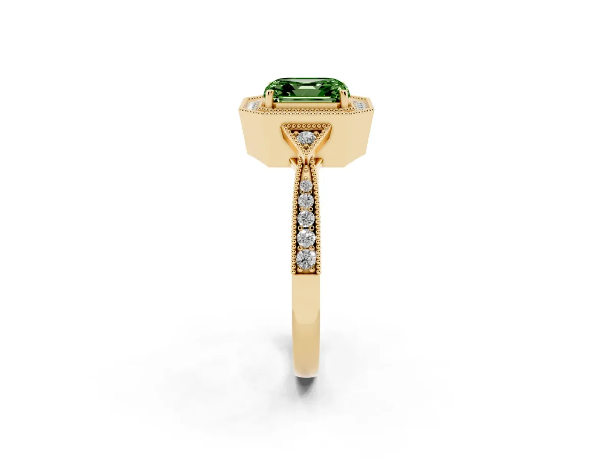 Fancy Green Asscher Cut Halo Round Diamond Milgrain Pave Engagement Ring Yellow gold