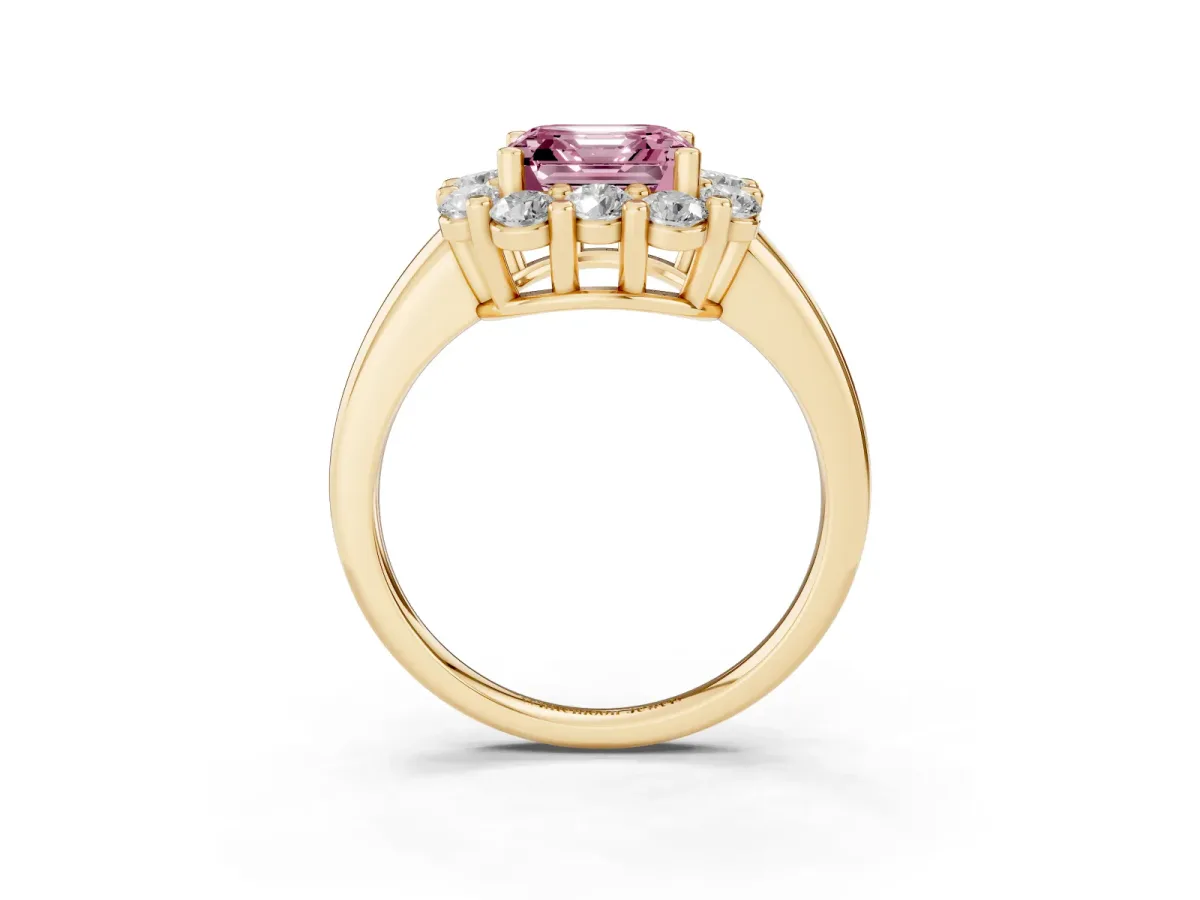 Fancy Pink Asscher Cut Halo Cluster Diamond Engagement Ring with Prong Setting and Polished Band Yellow gold