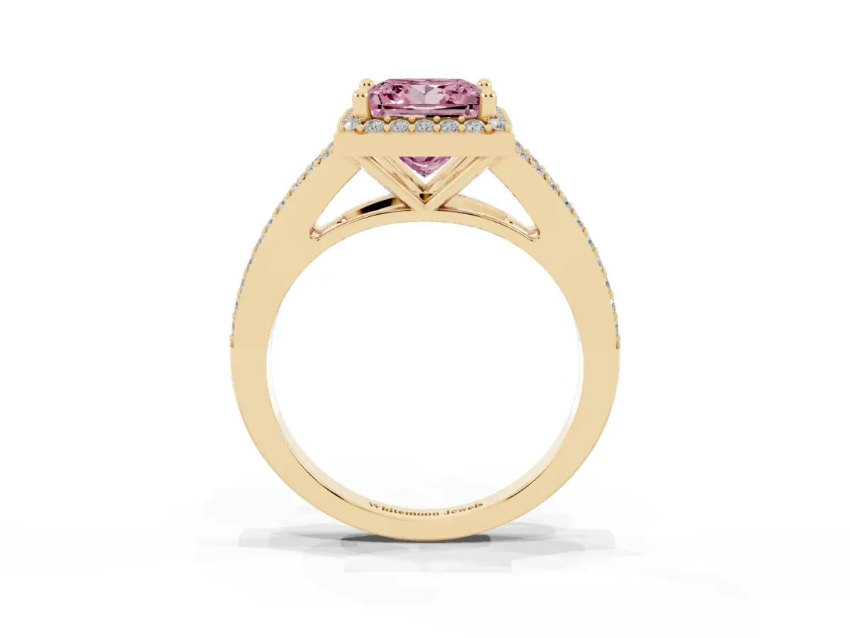 Fancy Pink Princess Cut Halo Split Shank Pave Diamond Ring with Four-Prong Setting Yellow gold
