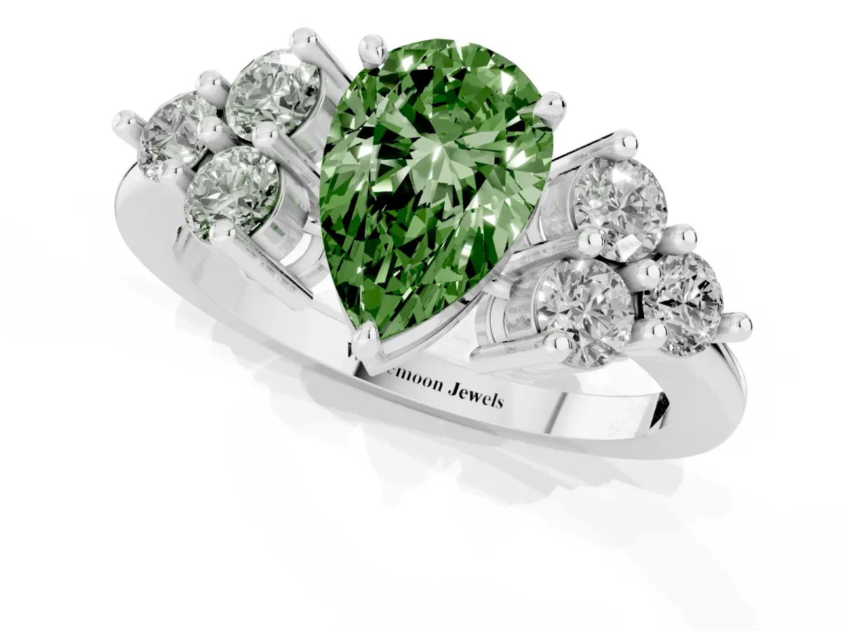 Fancy Green Pear Cut Brilliant Diamond Cluster Accent Solitaire Ring with Prong Setting Silver