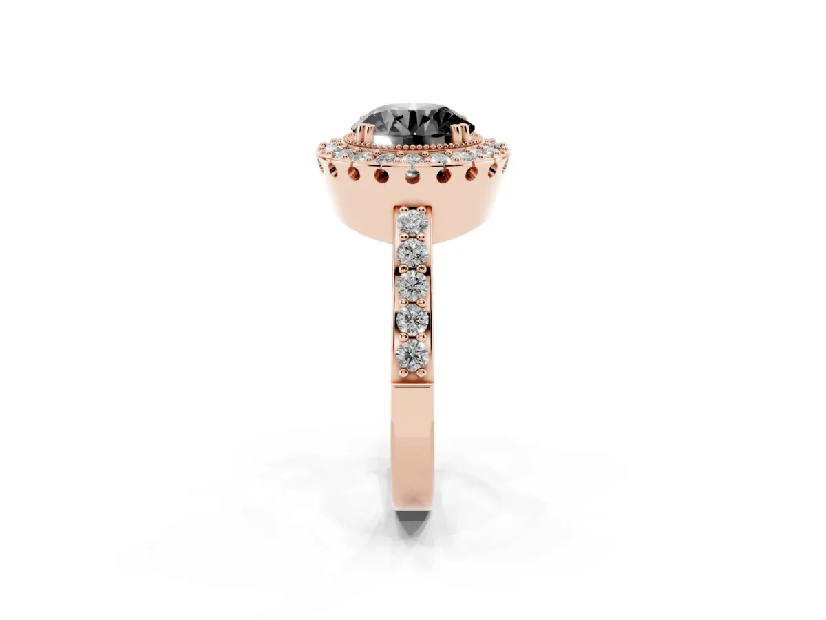 Fancy Black Round Cut Diamond Halo Ring with Pavé Band and Prong Setting Rose gold