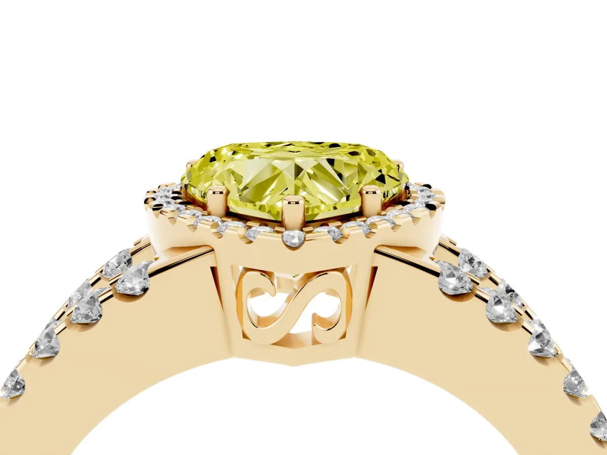 Fancy Yellow Heart Cut Cut Halo Split Shank Diamond Ring with Four-Prong Setting Yellow gold