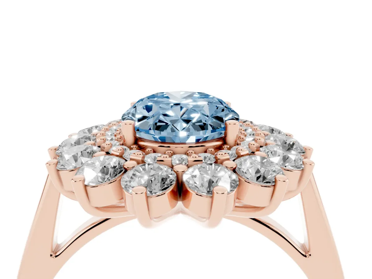 Fancy Blue Oval Cut Diamond Floral Double Halo Engagement Ring with Prong Setting Rose gold