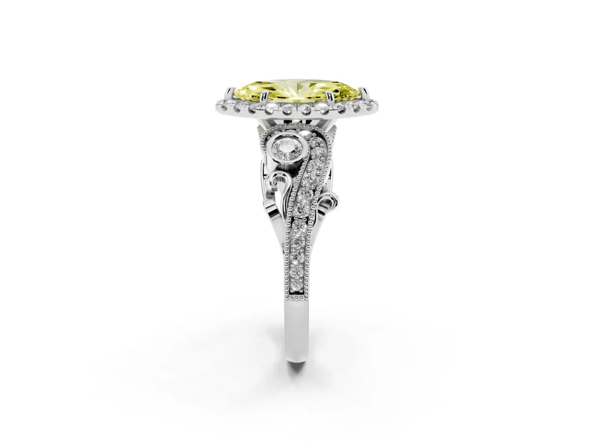 Fancy Yellow Marquise Cut Halo Diamond Ring with Milgrain and Bezel Accents on a Split Shank Band White gold