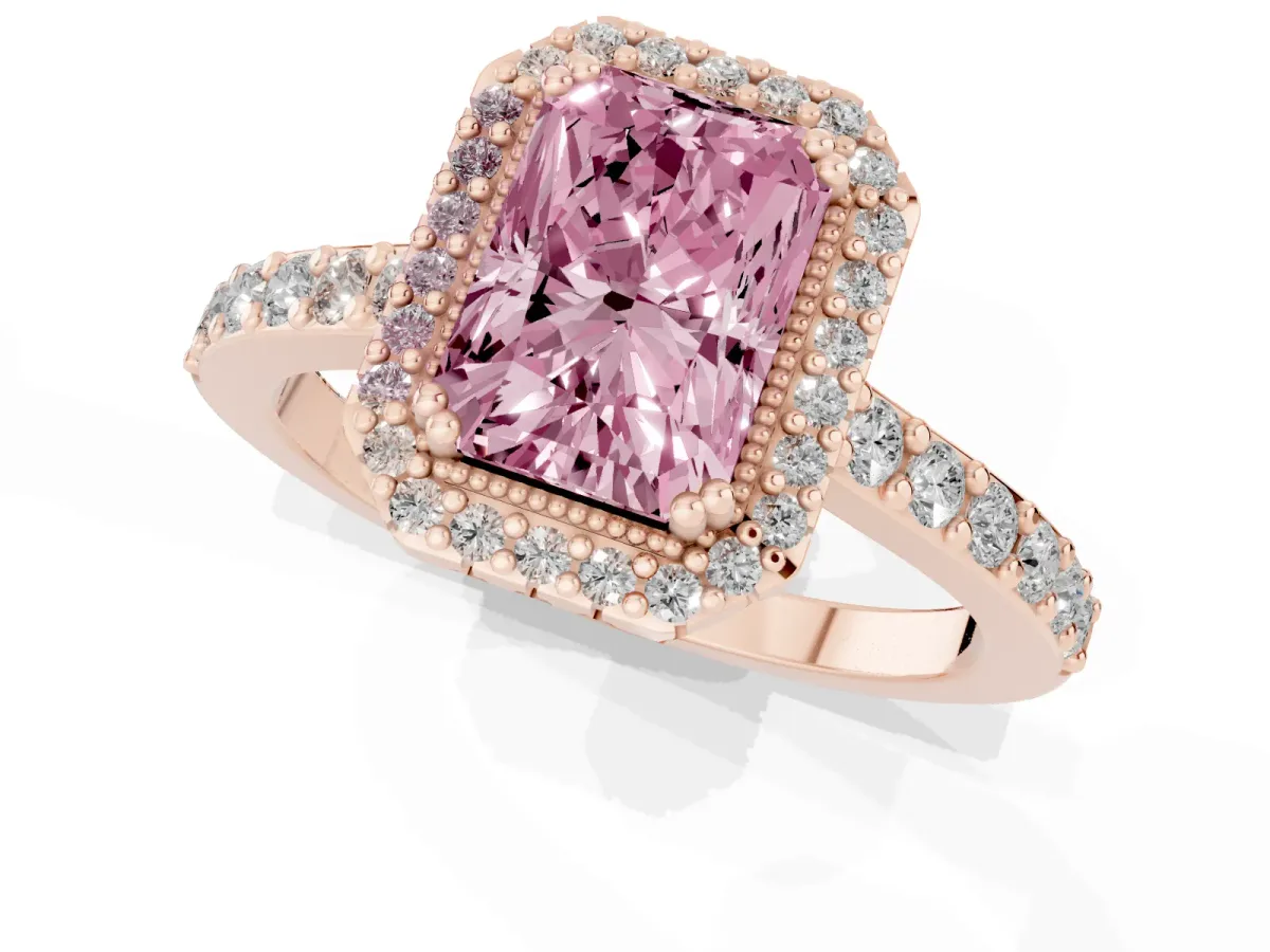 Fancy Pink Radiant Cut Cut Diamond Halo Engagement Ring with Milgrain Detail and Pavé Band Rose gold