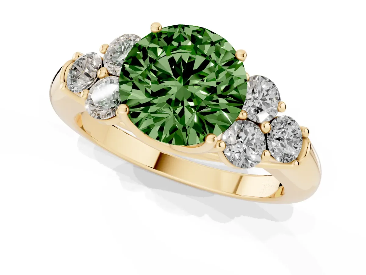 Fancy Green Round Cut Cut Diamond Cluster Ring with Round Accent Stones and Prong Setting on a Classic Band Yellow gold