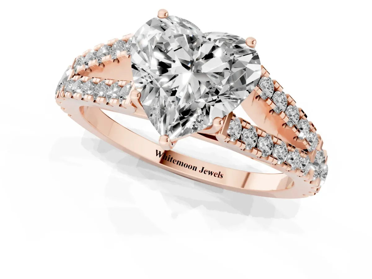Heart Cut Diamond Split Shank Pavé Engagement Ring with Four-Prong Setting Rose gold