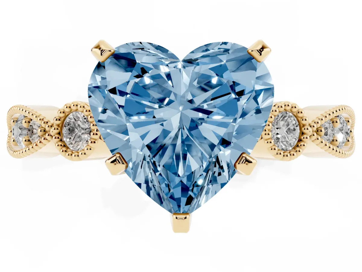 Fancy Blue Heart Cut Milgrain Bezel Diamond Engagement Ring with Solitaire Prong Setting Yellow gold