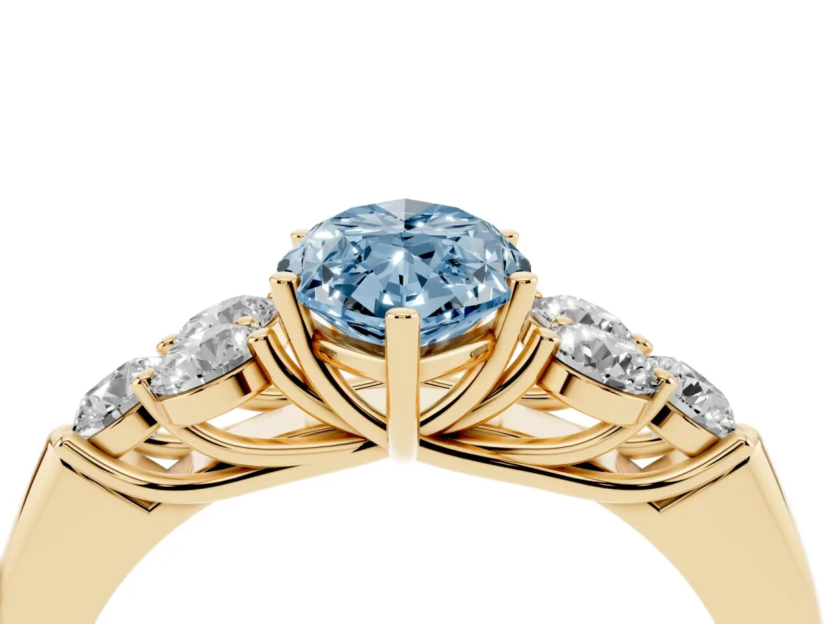 Fancy Blue Marquise Cut Cut Diamond Cluster Ring with Round Accent Stones and Prong Setting on a Classic Band Yellow gold