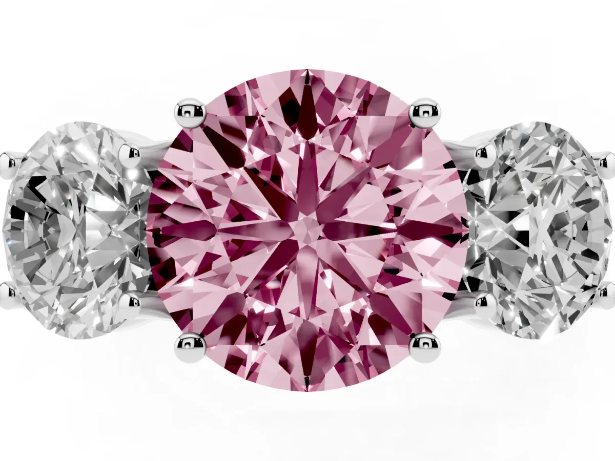 Fancy Pink Three-Stone Round Cut Diamond Engagement Ring with Prong Setting Silver