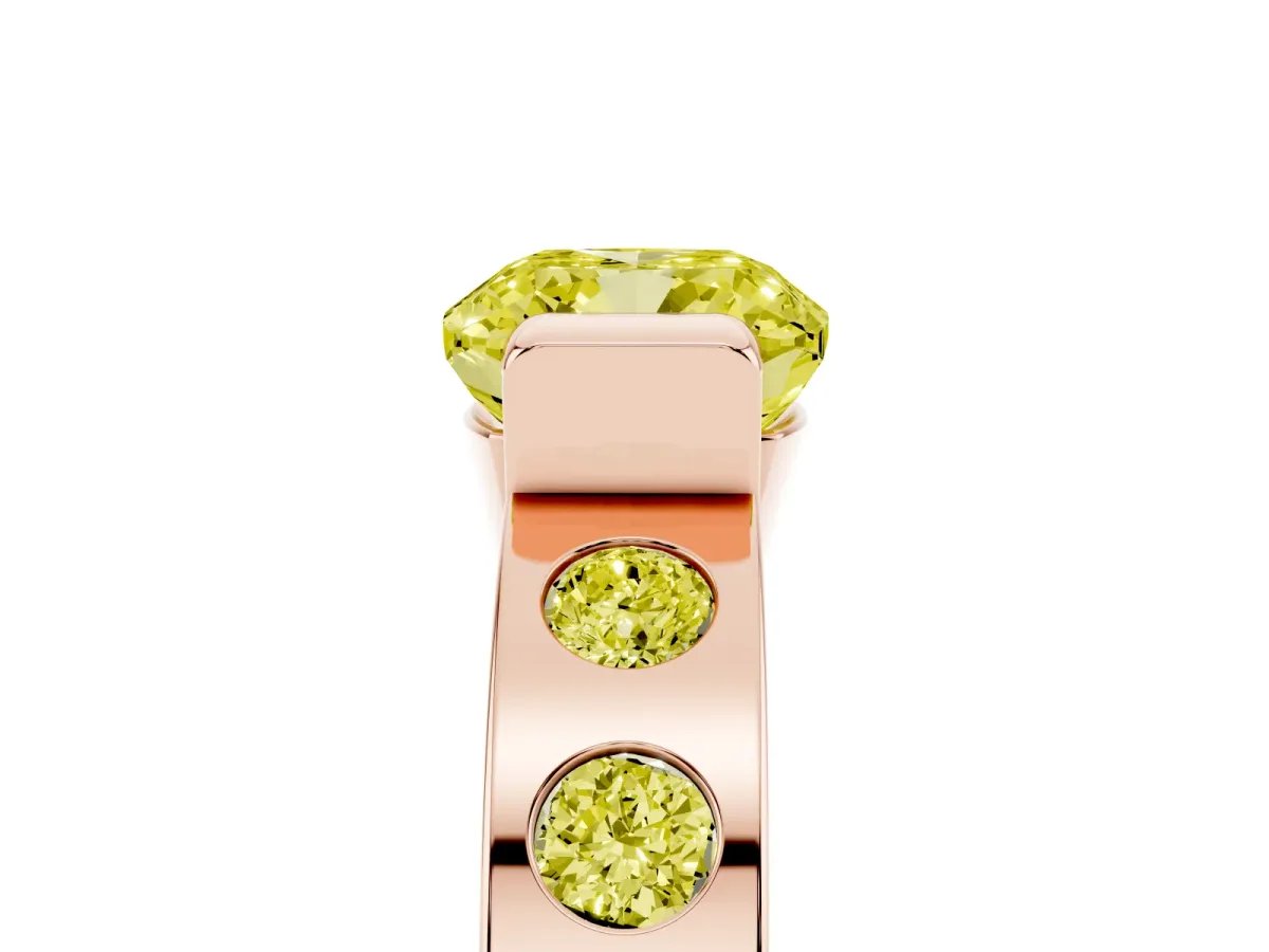 Fancy Yellow Cushion Cut Brilliant Channel-Set Diamond Ring with Bezel Prong Setting Rose gold