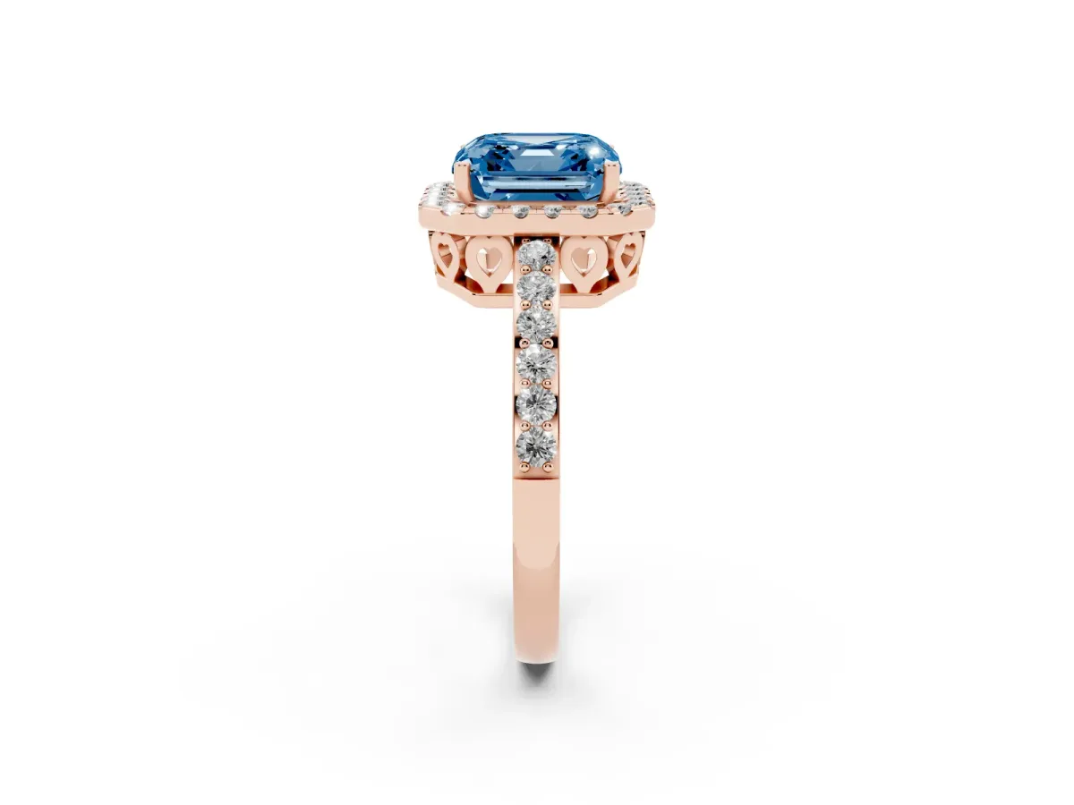 Fancy Blue Asscher Cut Halo Diamond Pavé Band Ring with Prong Setting Rose gold