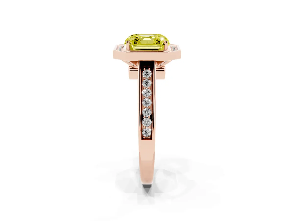 Fancy Yellow Asscher Cut Halo Solitaire Diamond Ring with Pave Band and Bezel Setting Rose gold