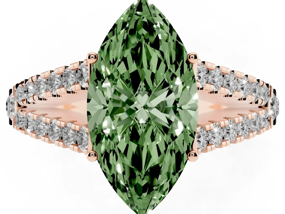 Fancy Green Marquise Cut Diamond Split Shank Pavé Engagement Ring with Four-Prong Setting Rose gold